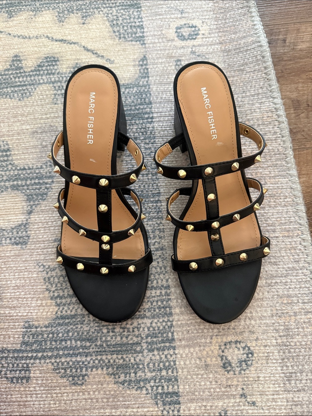 Marc Fisher Black Leather Multi-Strap Stud Sandals